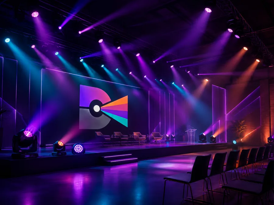 Aluguel de iluminação para eventos em Recife: refletores móveis e estrutura de treliça iluminando palco corporativo